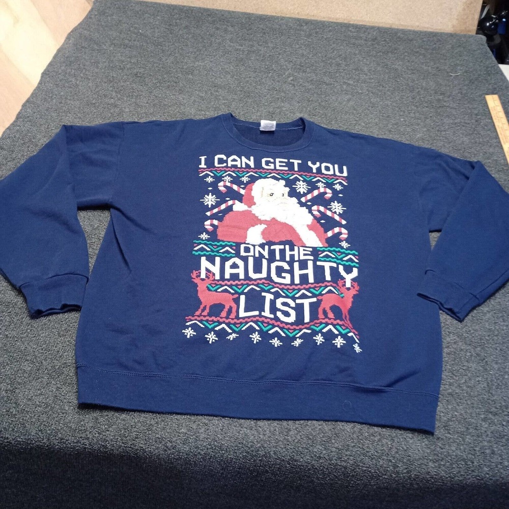 Vintage Christmas Sweater Men XL Blue Santa I Can Get You On The Naughty List